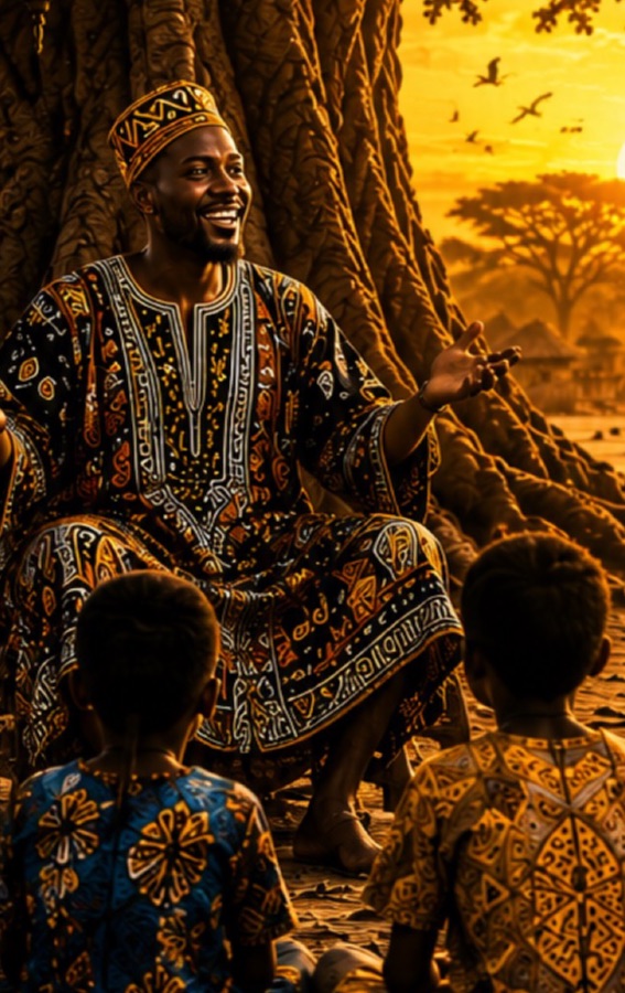 Portrait souriant d'un conteur africain en pleine narration