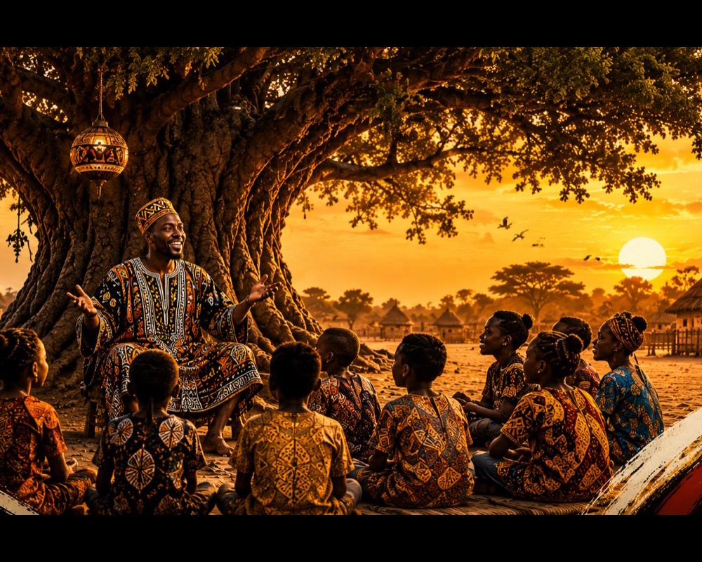 Un conteur et son auditoire d'enfants au coucher du soleil